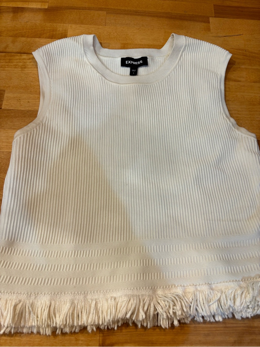 Express Cream Ribbed Tank with Fringe Hem - small